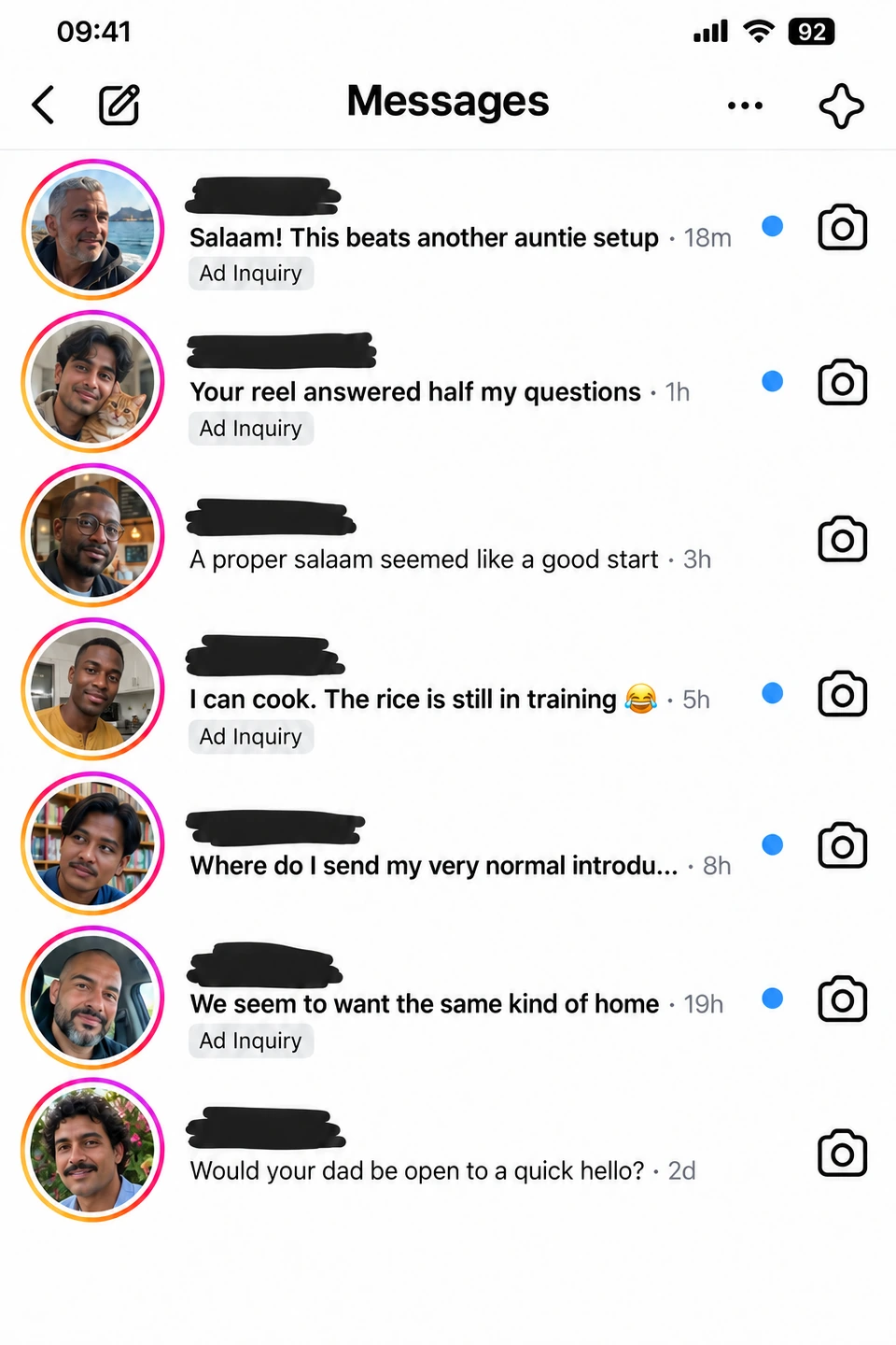 Illustrative Muslim marriage inbox with distinct profiles, Instagram story rings, and lighthearted, respectful messages