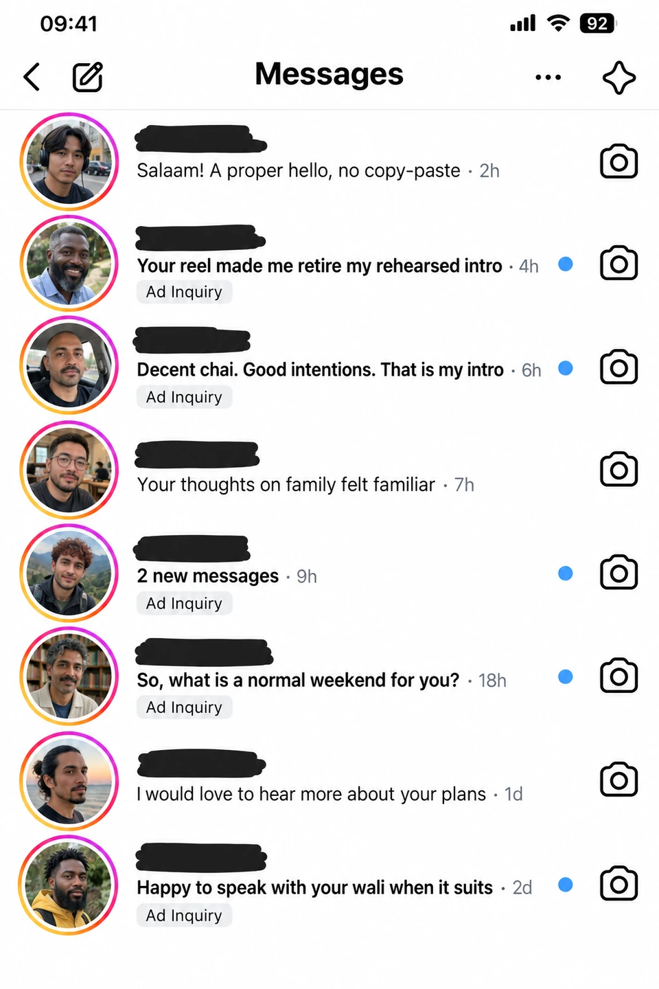 Illustrative Muslim marriage inbox with distinct profiles, Instagram story rings, and lighthearted, respectful messages