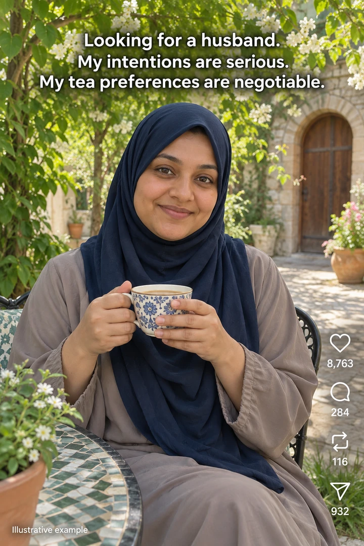 Illustrative Muslim woman in a navy hijab seeking a husband, with a lighthearted caption and example engagement figures
